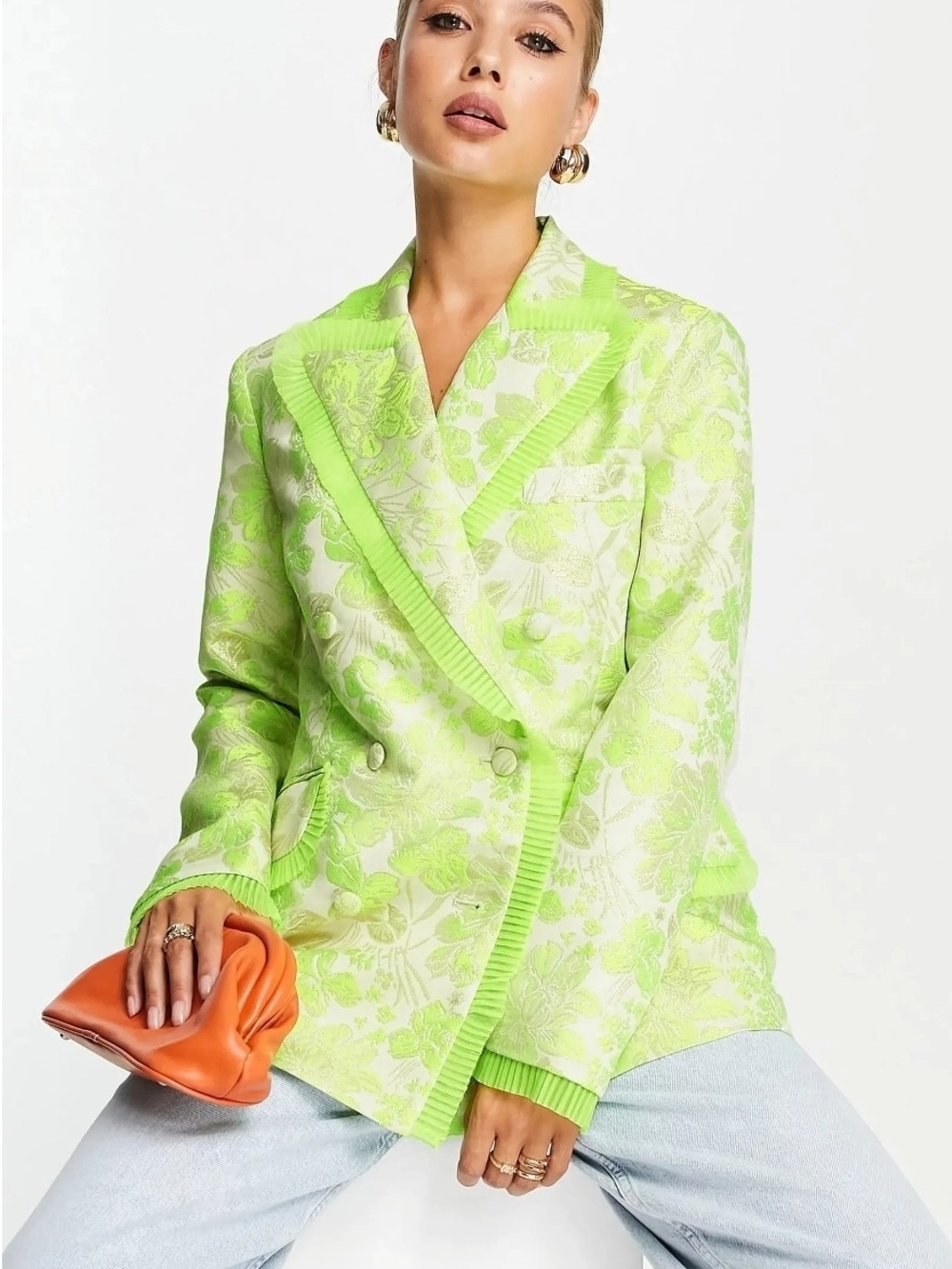 Neon Green Floral Double-Breasted Blazer